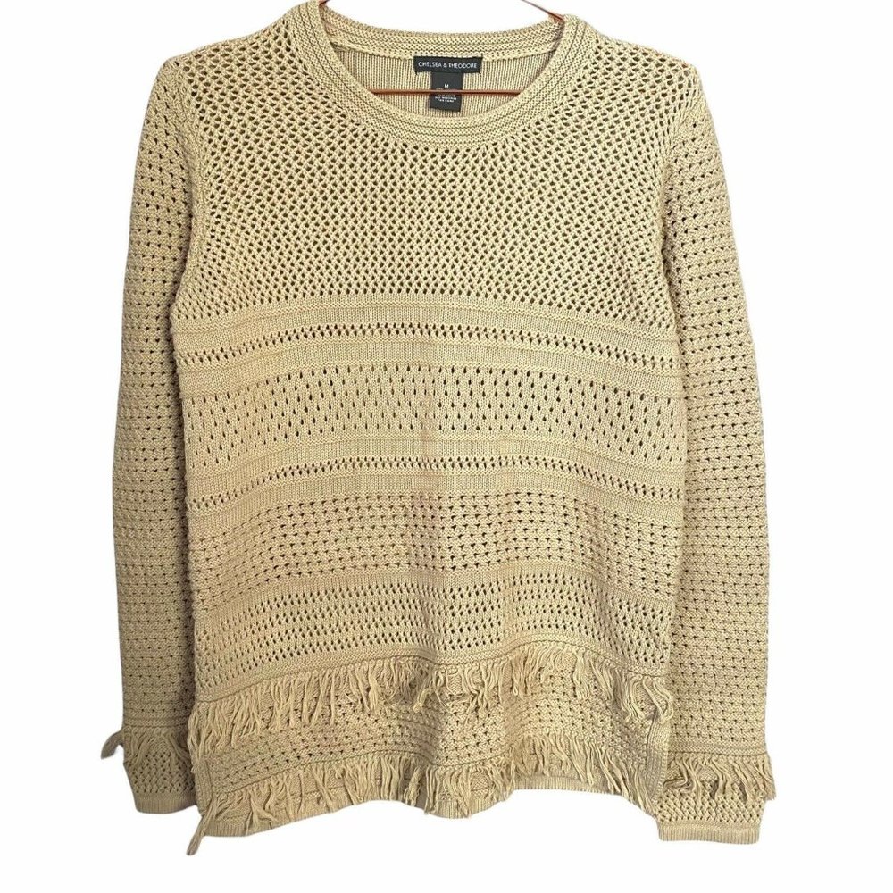 Chelsea & Theodore Boho Fringe Tan Beige Cotton Sweater Women's Size Medium